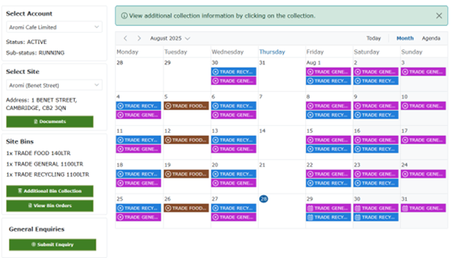 Schedule of bin collection screenshot